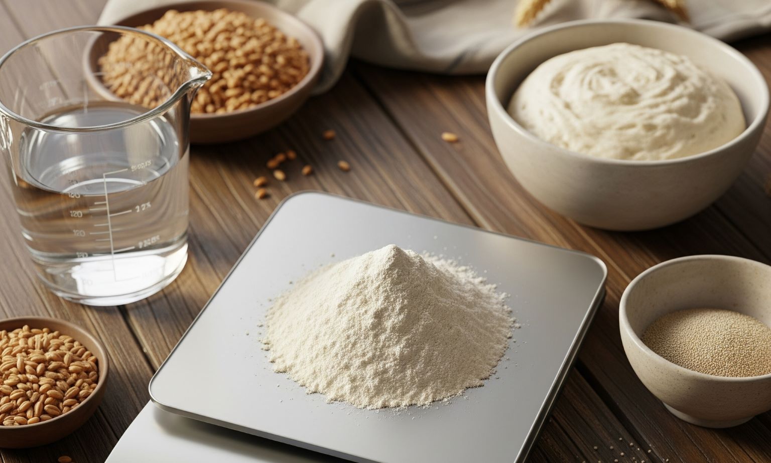 A kitchen scale with flour, water, and other bread ingredients around it.