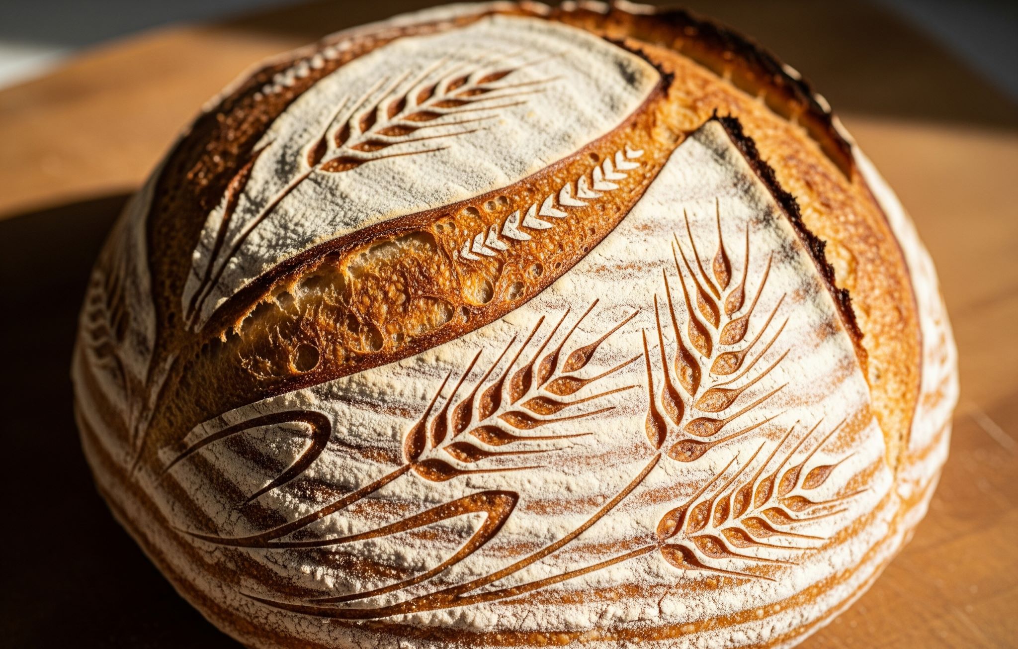 A beautifully scored loaf of bread featuring an intricate wheat stalk pattern.