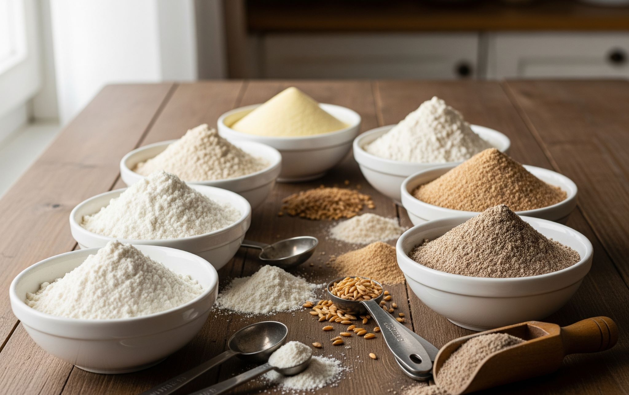 Several bowls containing different types of flour, from light bread flour to dark rye flour.