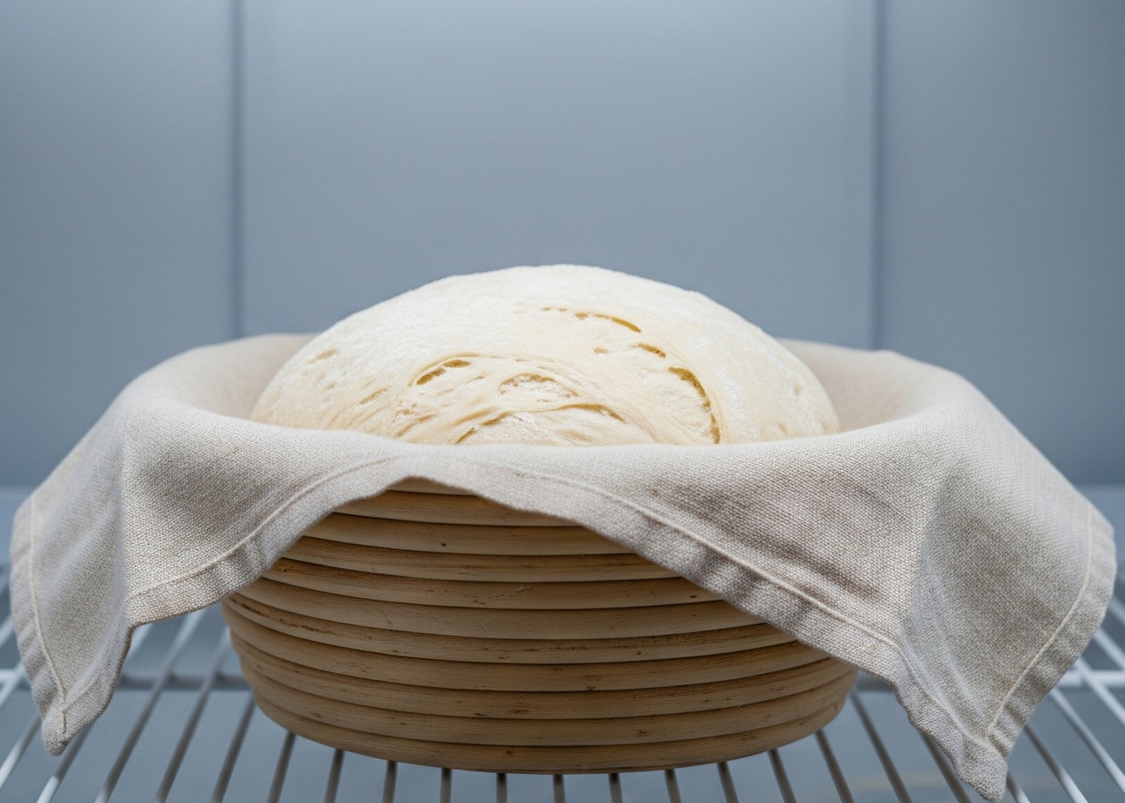 A shaped loaf of bread in a banneton, covered, sitting on a shelf in a refrigerator.