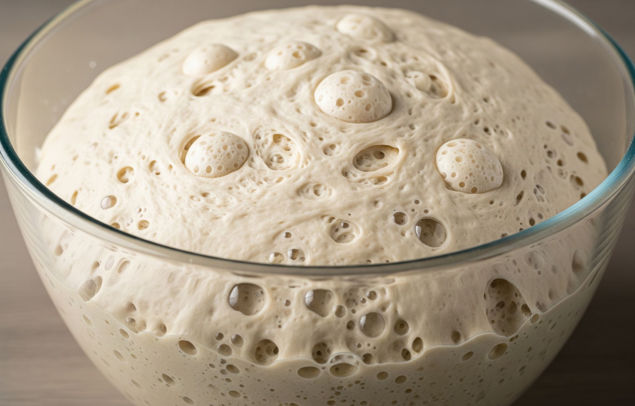 A large clear bowl showing bread dough that has risen significantly, with visible gas bubbles.