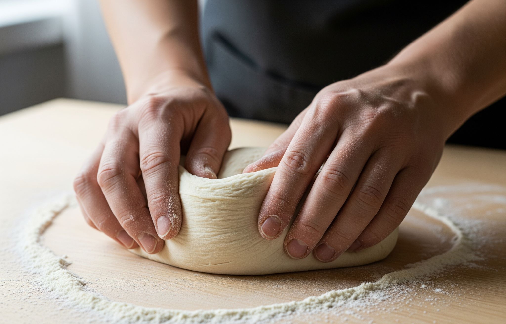 A pair of hands gently but firmly shaping a piece of bread dough on a floured surface.