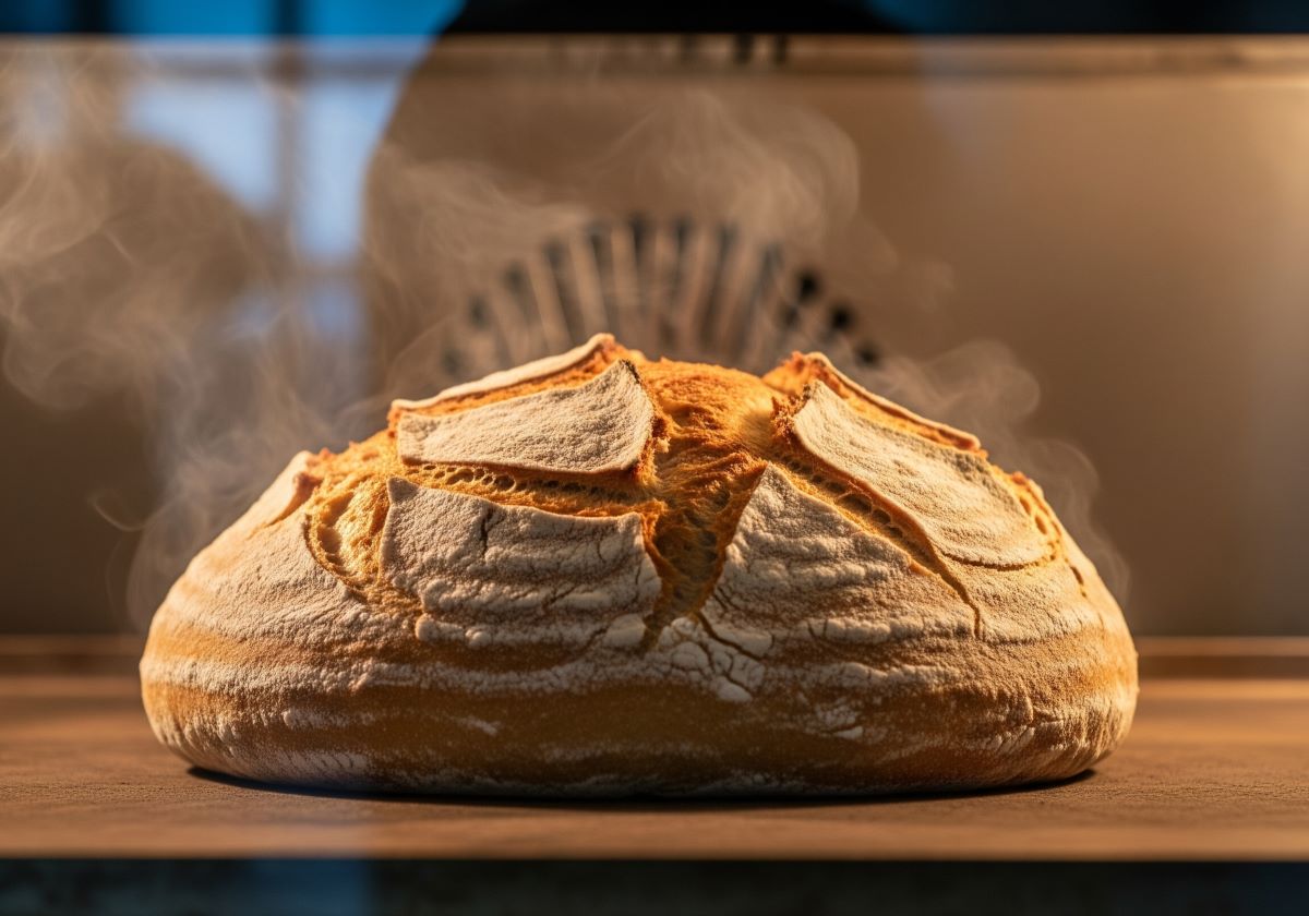 A beautiful loaf of bread with dramatic oven spring and a defined ear.