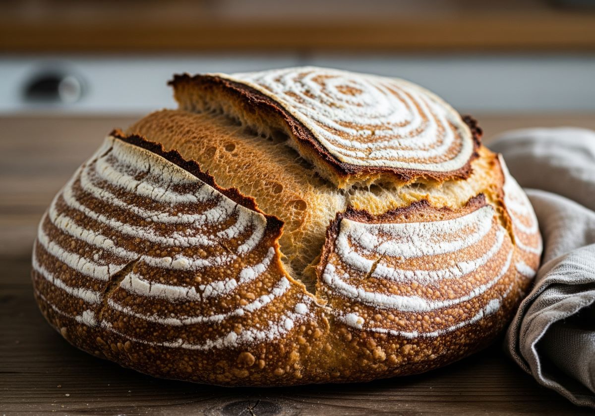 A baker's hand using a lame to score a loaf of sourdough bread dough before baking.