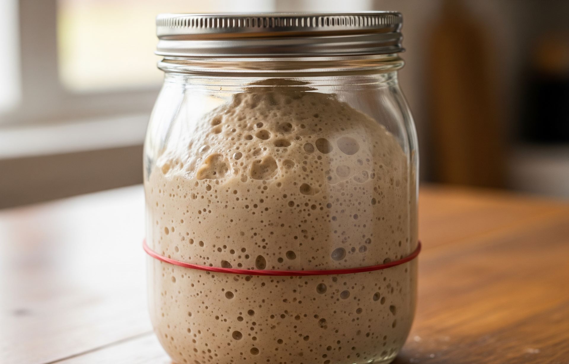 A glass jar filled with bubbly, active sourdough starter, with a rubber band marking its rise.