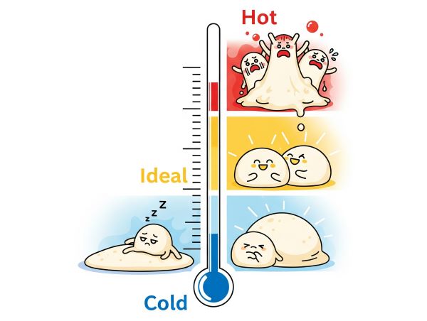A digital thermometer being inserted into a bowl of bread dough.