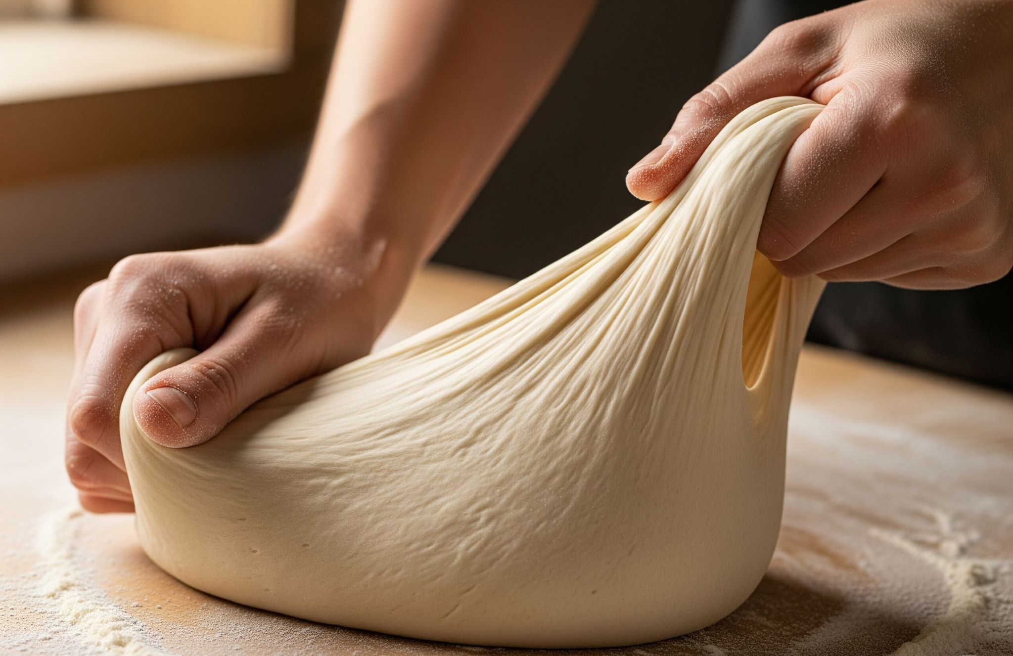 Hands covered in wet, sticky bread dough, demonstrating the challenge of high hydration.
